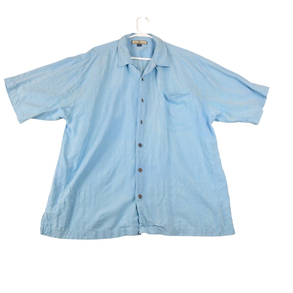 Tommy Bahama Mens XL Light Blue 100% Silk Button Down Camp Shirt Flaw